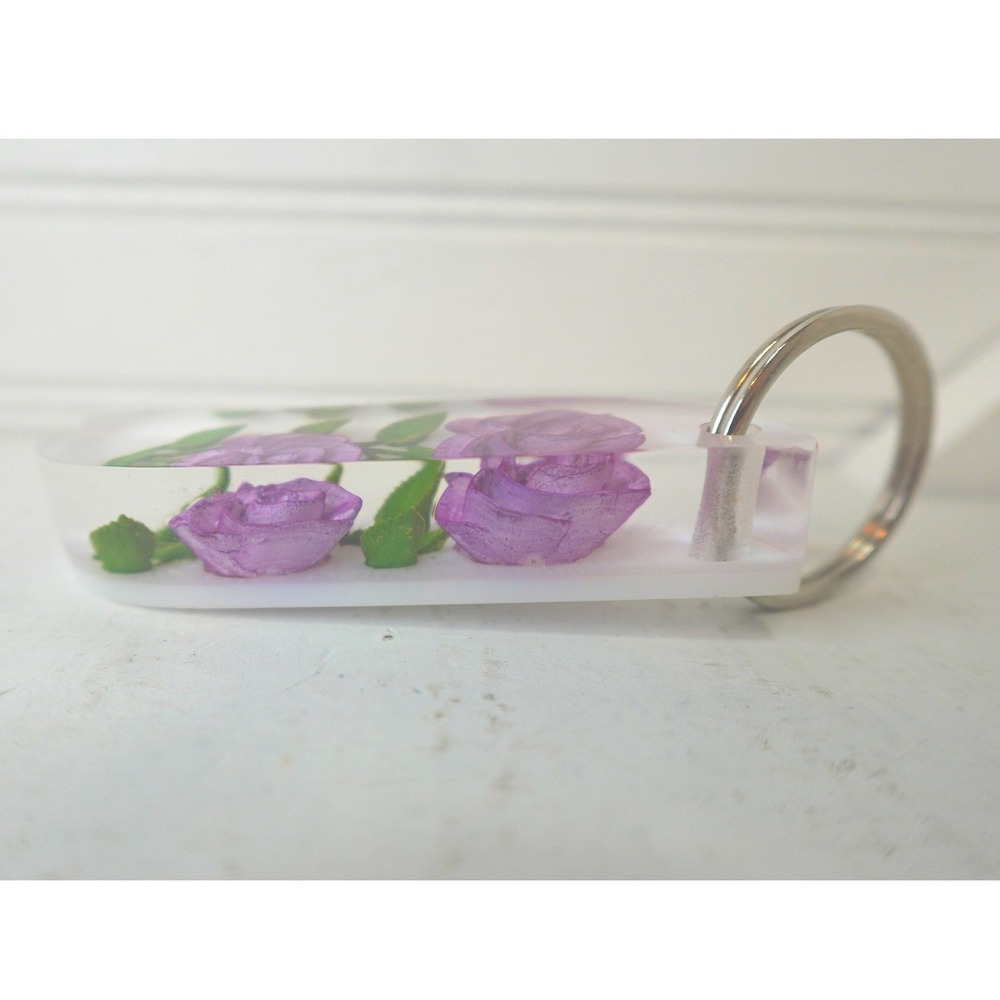 Purple Flower Keychain Bag Charm Two Stem Roses Handmade Resin Fob Holder - Picture 5 of 8